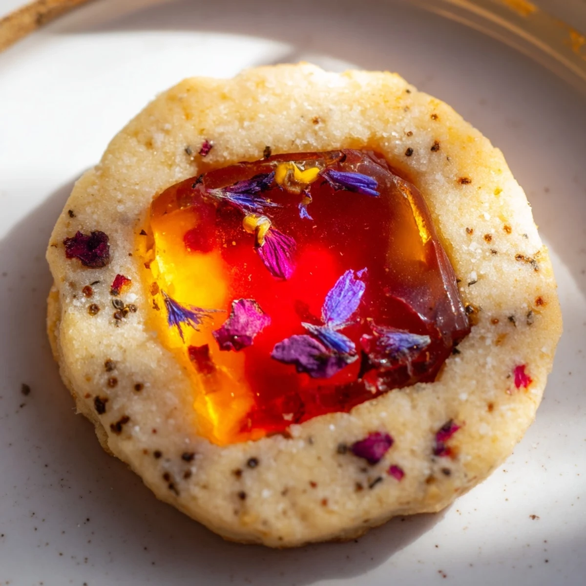 Vegan gluten free Earl Grey stained glass floral cookies with jewel-toned candy centers on a rustic ceramic plate