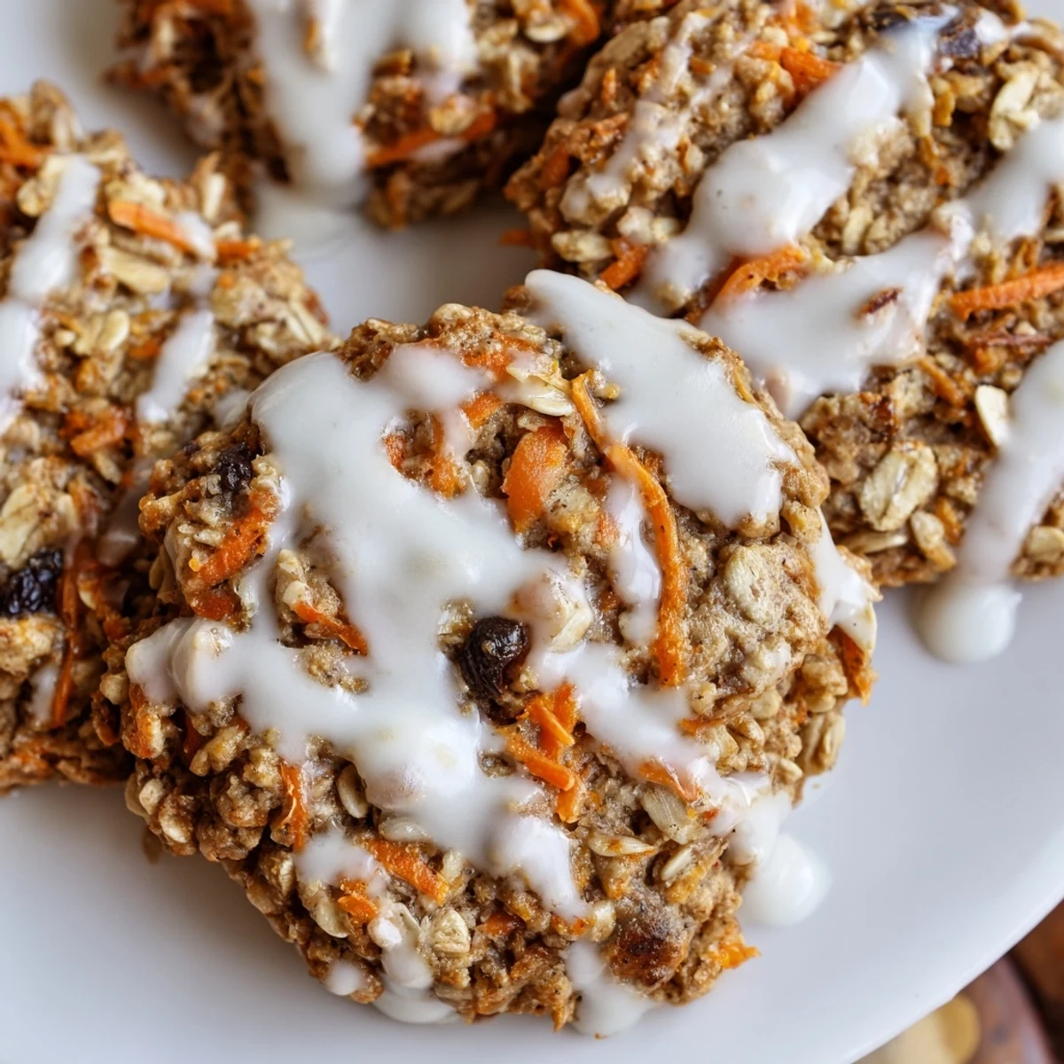 Soft carrot cake cookies with sweet cream cheese drizzle on rustic wooden board