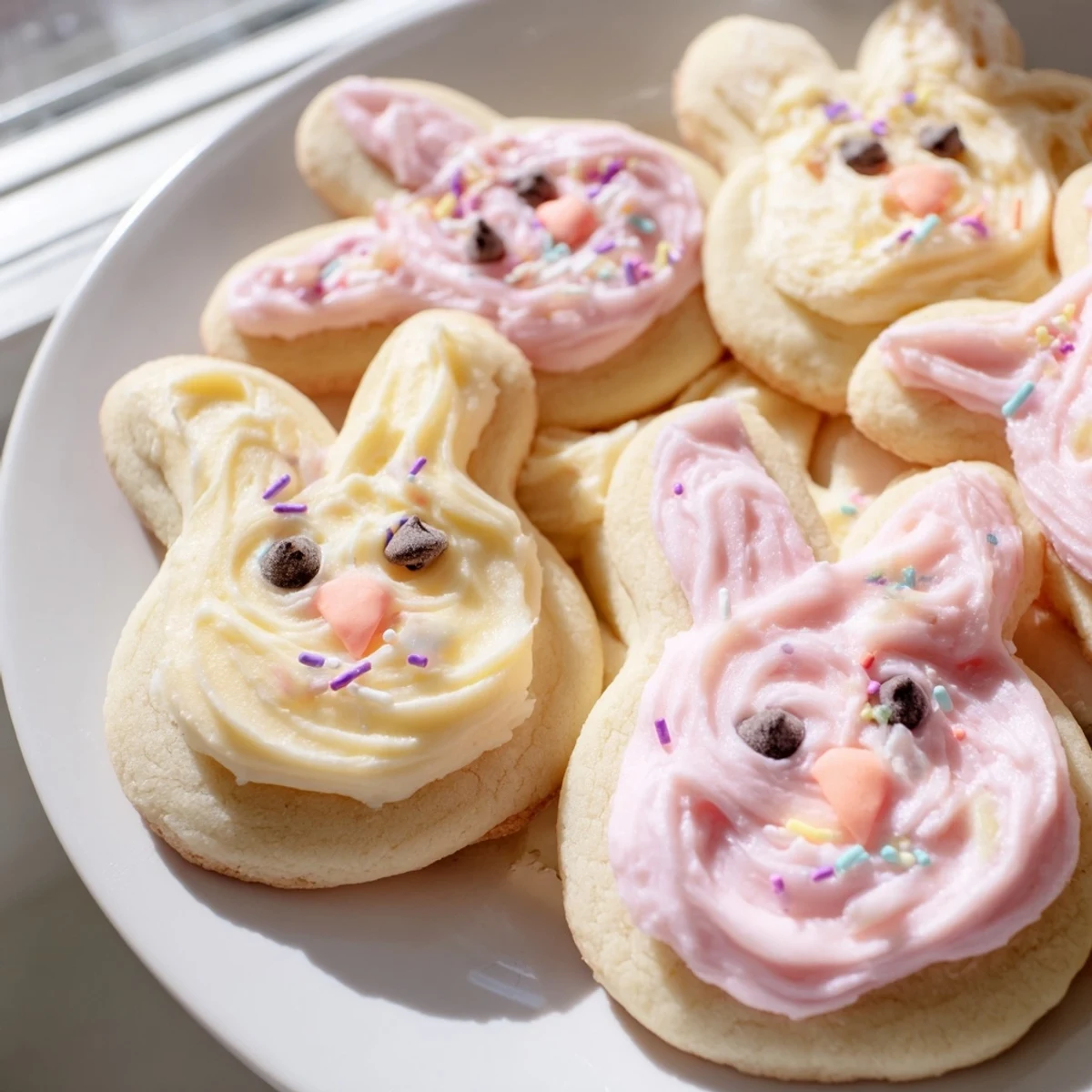 Adorable buttercream bunny cookies with swirled pastel frosting on a rustic wooden serving board