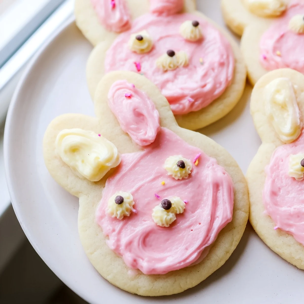 Golden buttercream bunny cookies decorated with candy eyes and pink sprinkle accents arranged beautifully