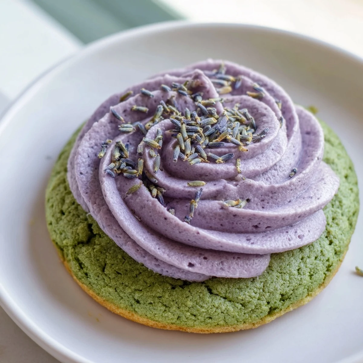 Matcha sugar cookies with lavender frosting arranged on a rustic white serving platter