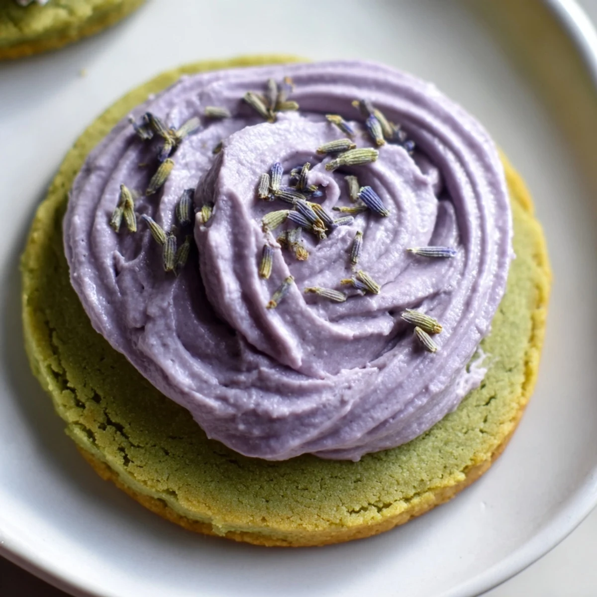 Soft green matcha sugar cookies topped with swirls of purple lavender buttercream frosting