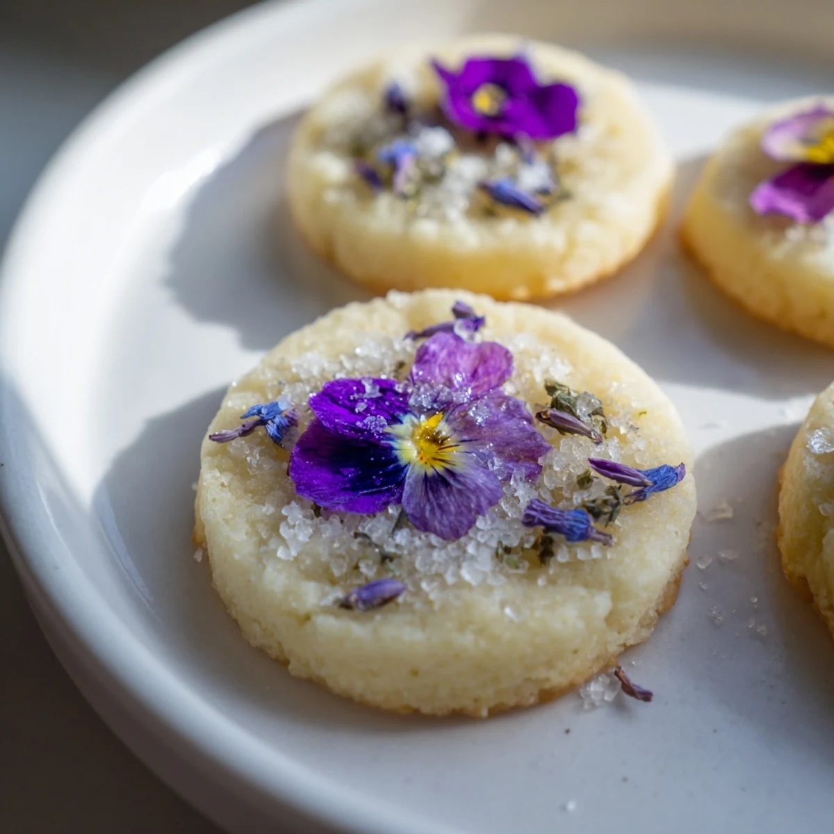 Spring Blossom Cookies topped with colorful edible flowers on a rustic white serving plate
