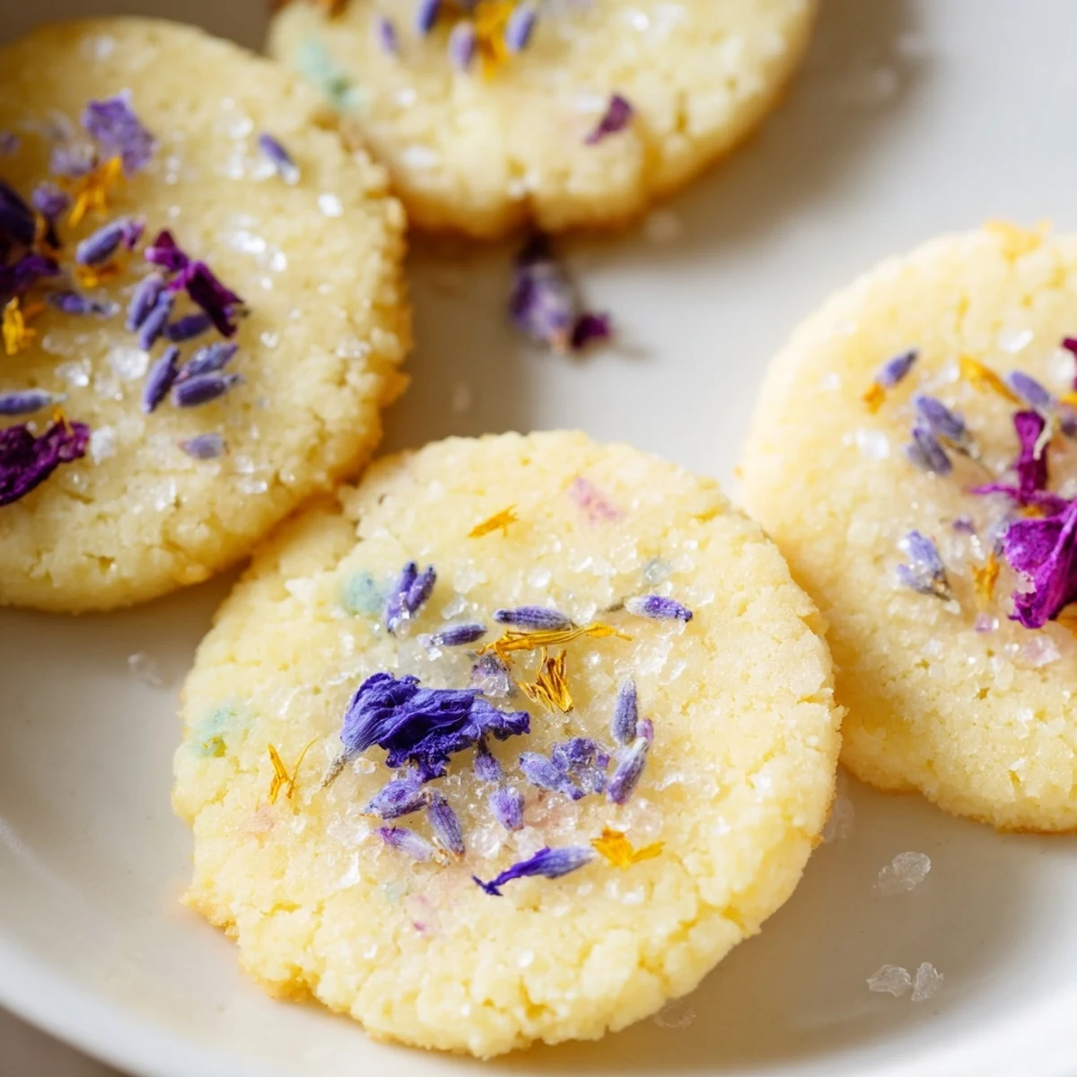 Golden buttery Spring Blossom Cookies arranged on parchment paper with delicate floral sprinkles