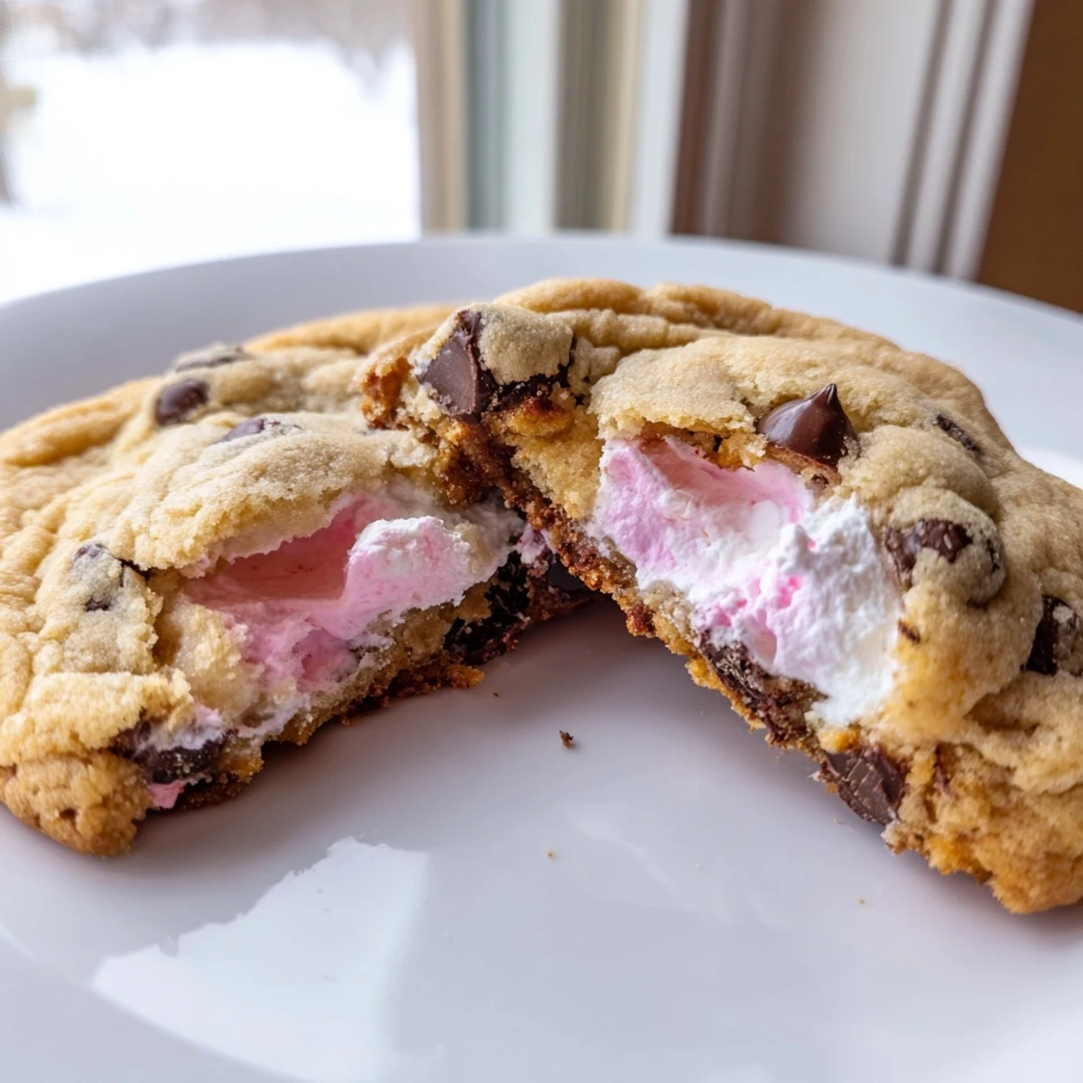 Golden Chocolate Chip Peep Stuffed Easter Cookies with gooey marshmallow centers on rustic baking sheet