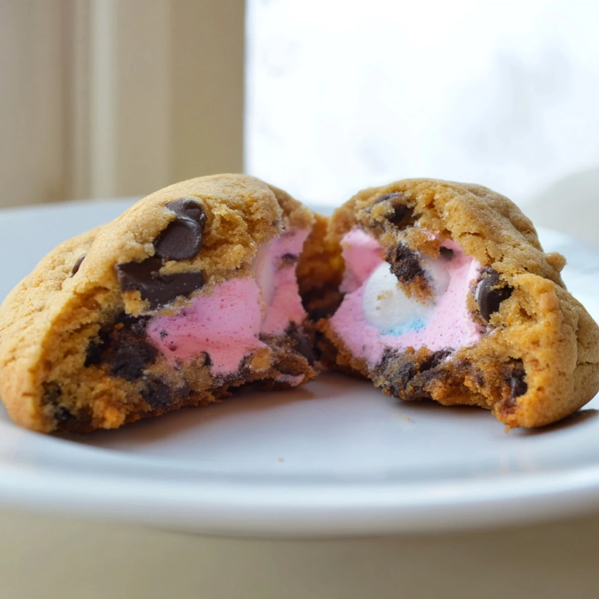 Colorful marshmallow Peep peeking from soft Chocolate Chip Peep Stuffed Easter Cookies cross section