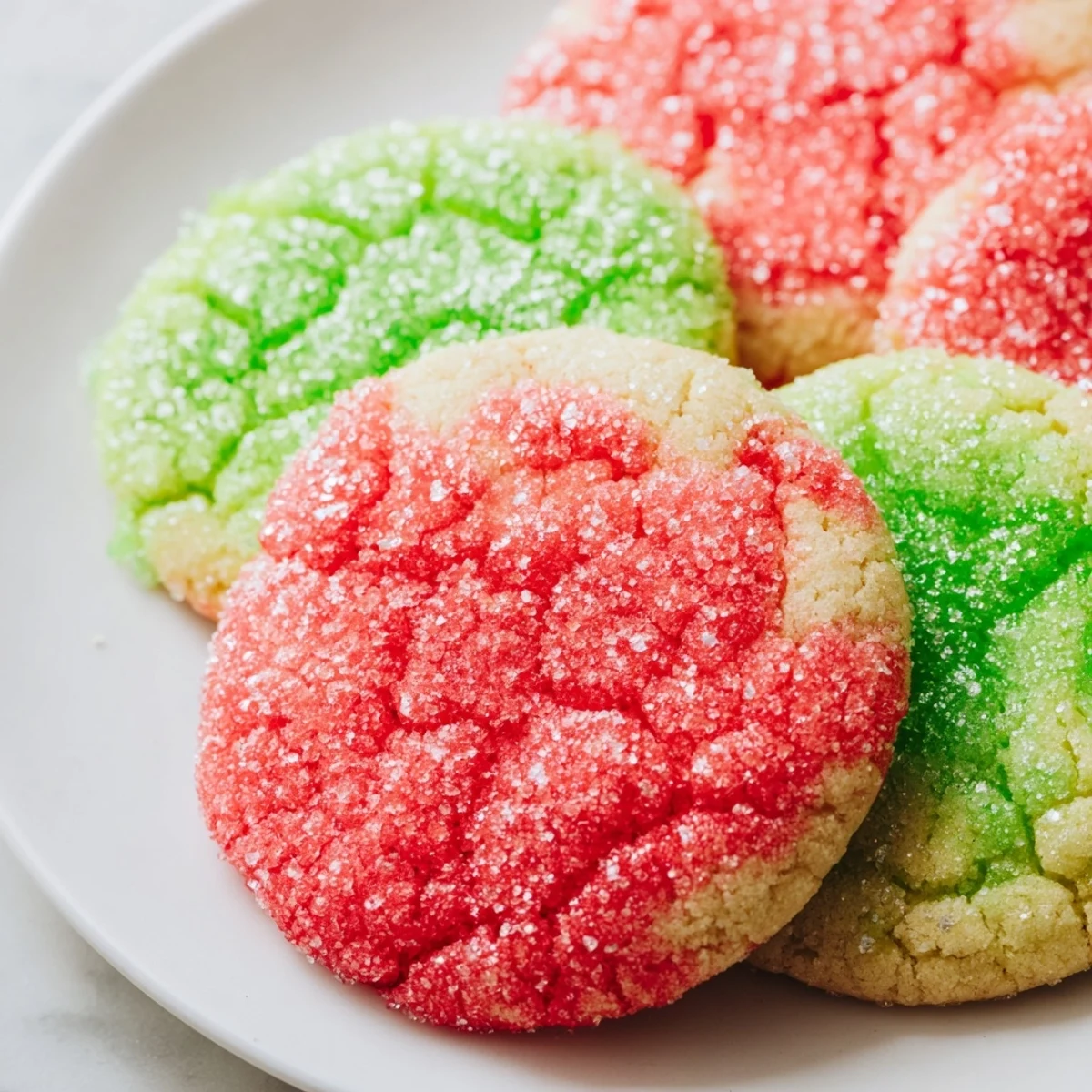 Colorful Jello sugar cookies arranged on a white platter with crisp edges and tender centers