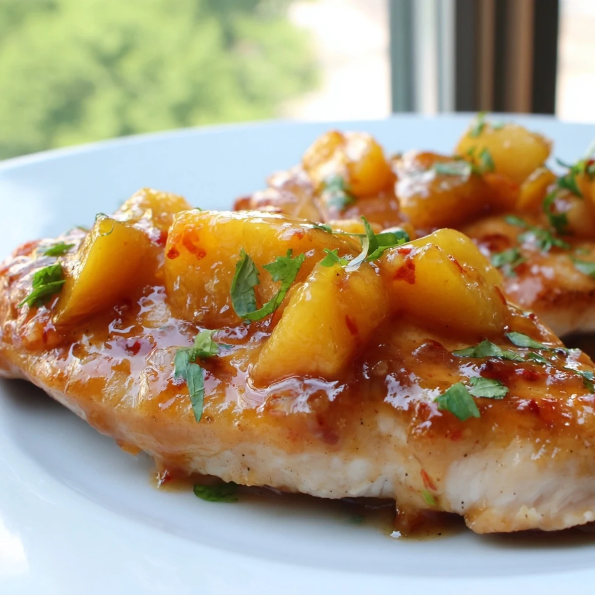 Golden jalapeno peach chicken glazed with sweet-spicy sauce in a cast iron skillet