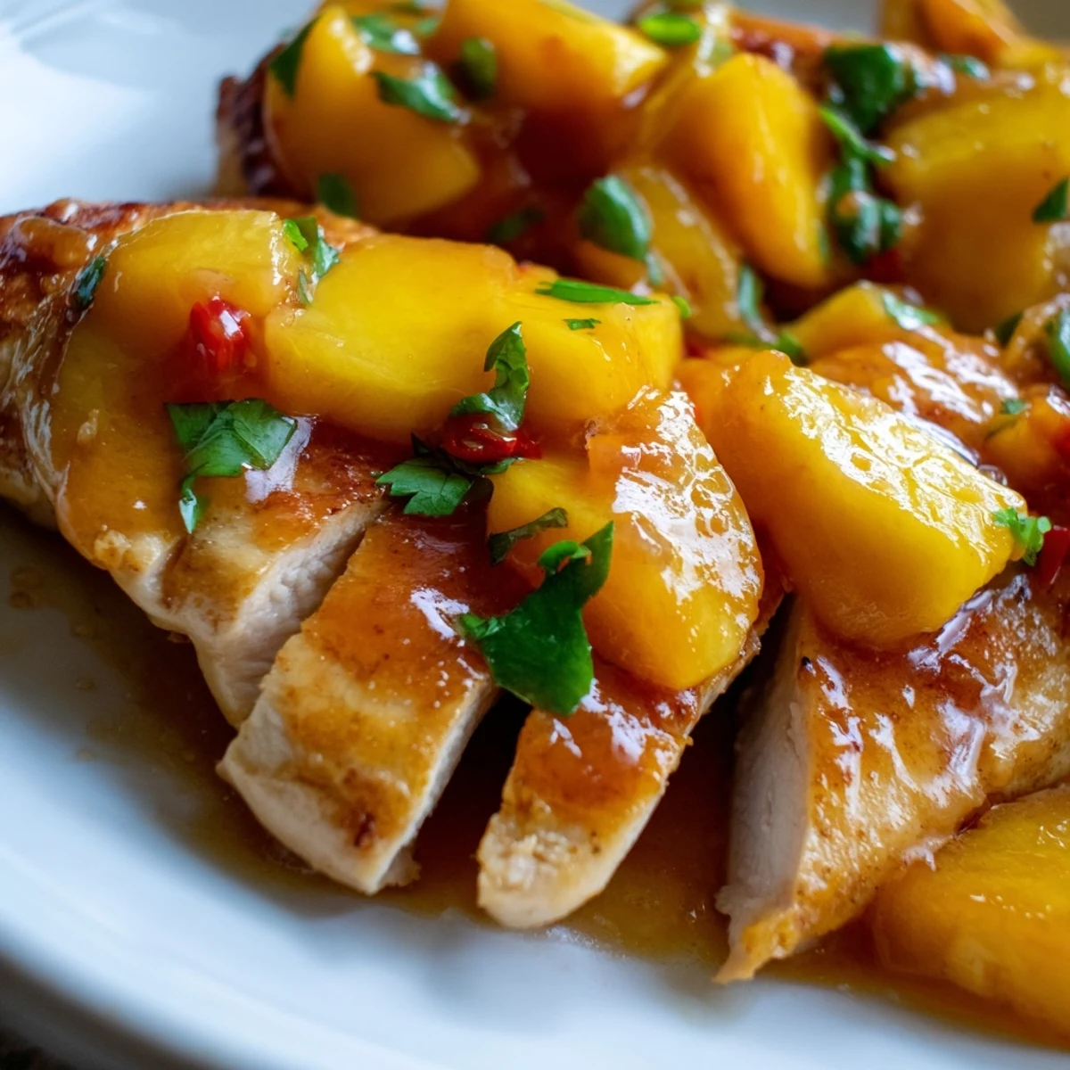 Juicy chicken breasts topped with caramelized peach jalapeno sauce and fresh herbs