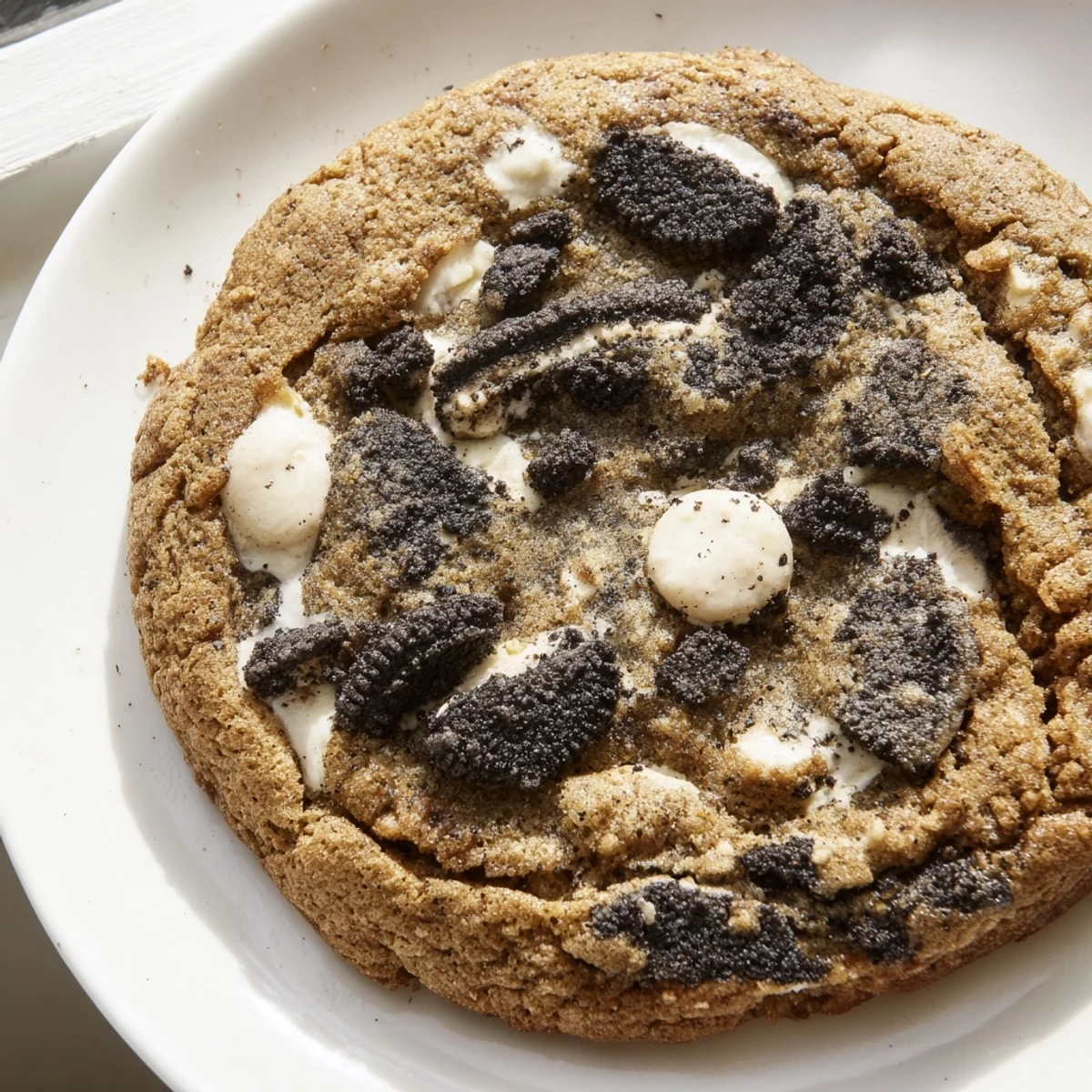 Chewy cookies and cream cookie with white chocolate chips and crushed Oreo pieces on rustic surface