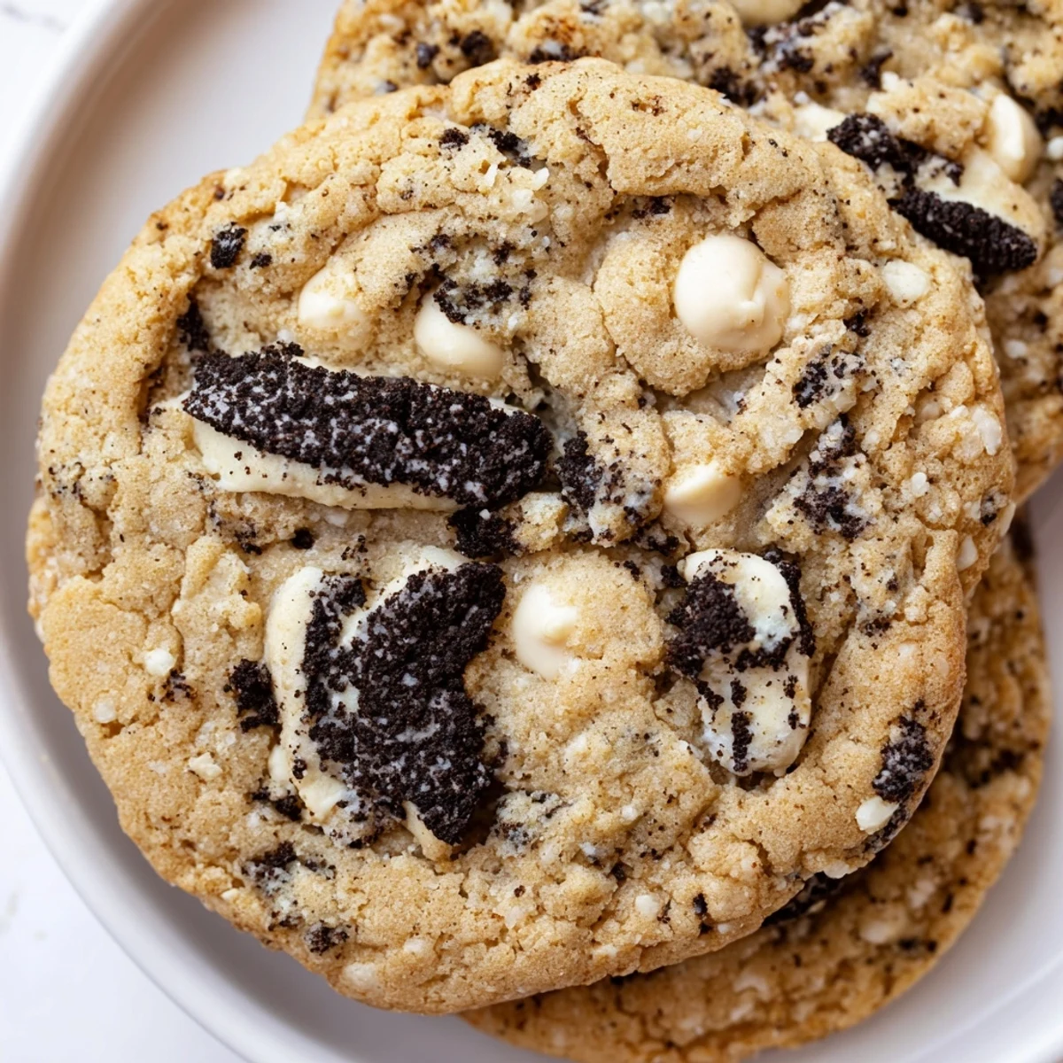Freshly baked cookies and cream cookie showcasing golden edges and speckled white chocolate throughout
