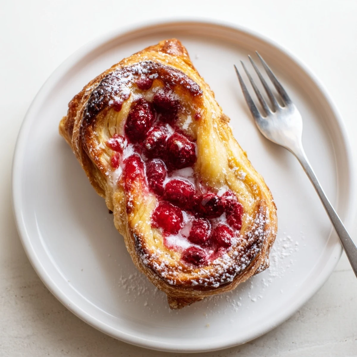 Golden Sourdough Discard Raspberry Cream Cheese Danishes drizzled with sweet vanilla glaze on a rustic baking sheet