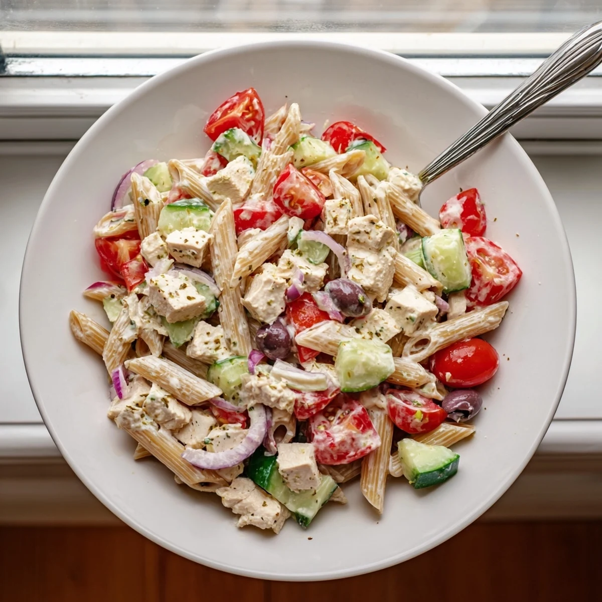 Colorful High Protein Greek Pasta Salad in a bowl with feta, tomatoes, and olives