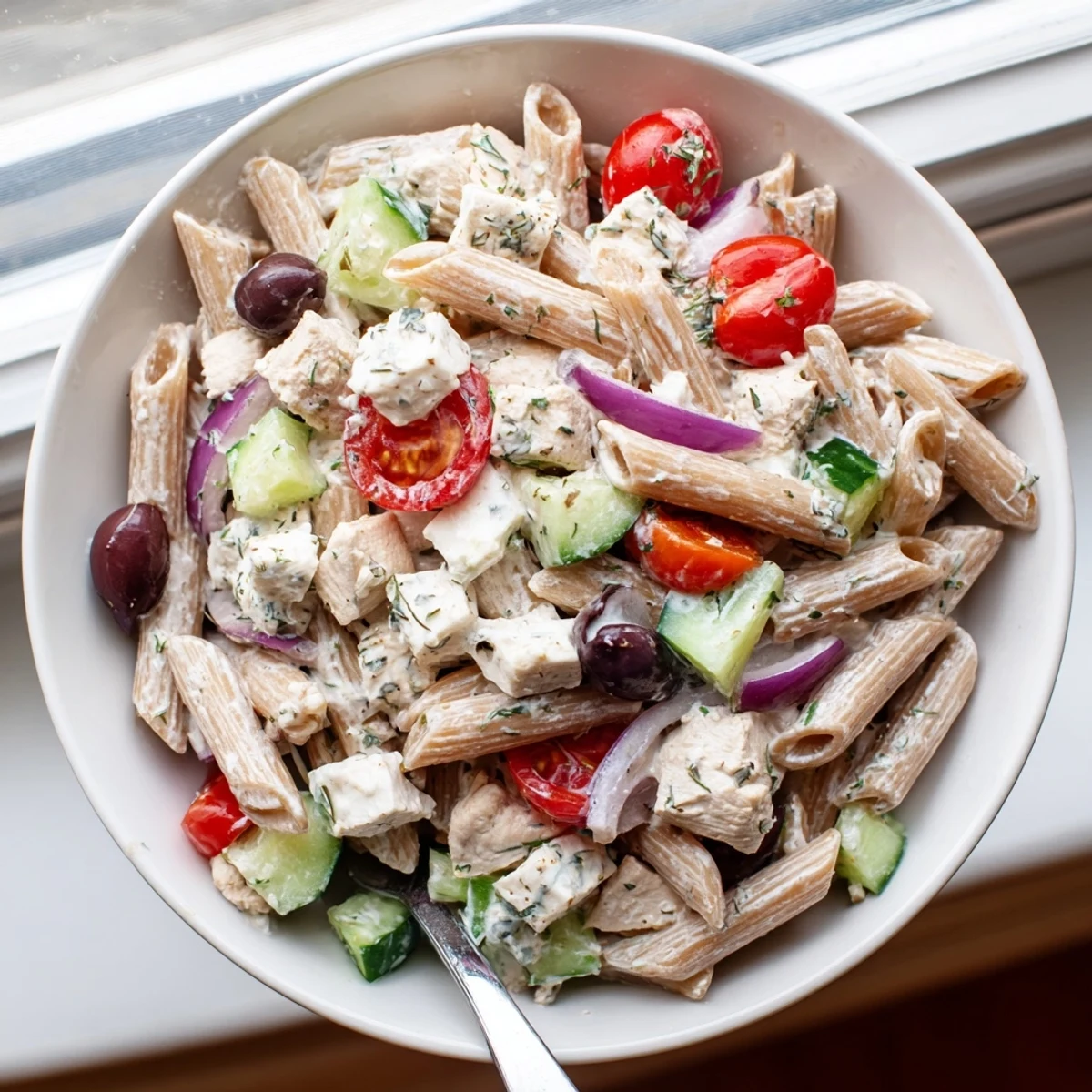 Creamy High Protein Greek Pasta Salad topped with cubed feta and fresh herbs