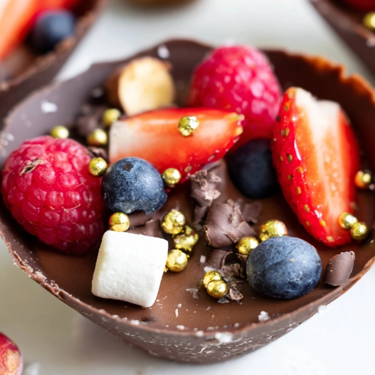 Dark chocolate cups filled with creamy mousse topped with fresh berries and nuts