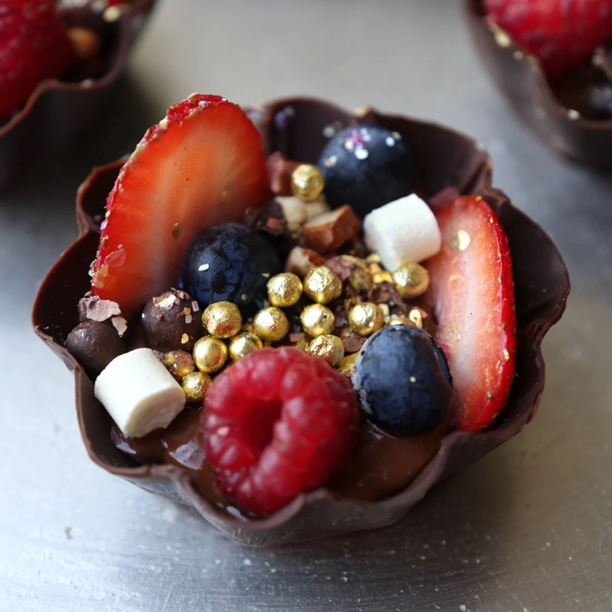 Decadent chocolate grazing cups layered with fluffy mousse and colorful sweet garnishes