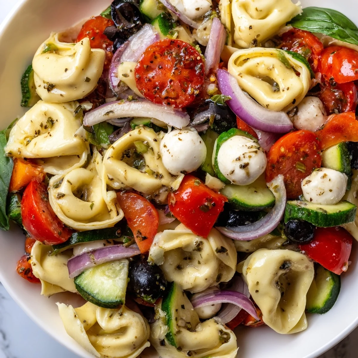 Cheese-filled Tortellini Salad featuring crisp vegetables and mozzarella, ready for a summer picnic spread