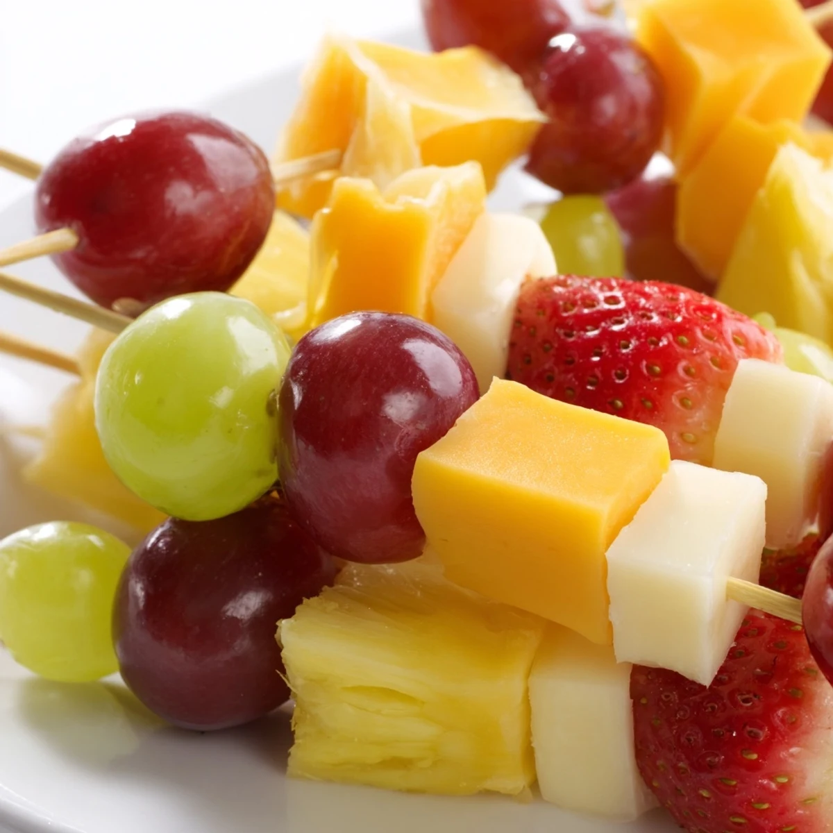 Fruit and cheese kabobs arranged on platter with colorful grapes strawberries and cheddar cubes
