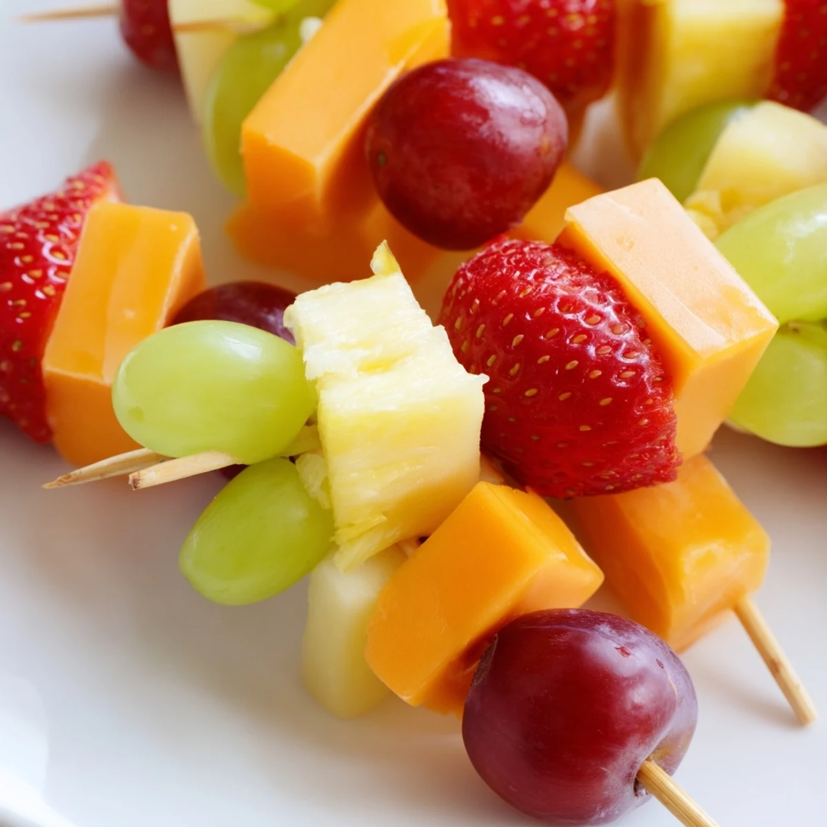 Fresh fruit and cheese kabobs featuring juicy grapes pineapple and creamy Monterey Jack skewers