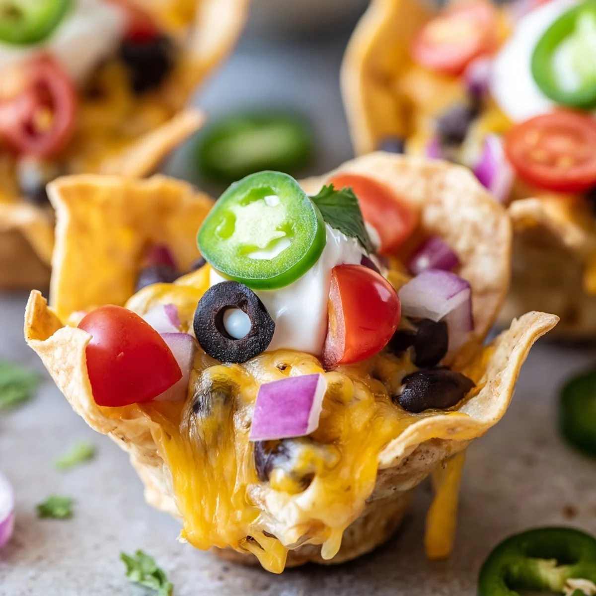 Golden cheesy nacho cups bubbling with melted cheddar and colorful fresh toppings in muffin tin