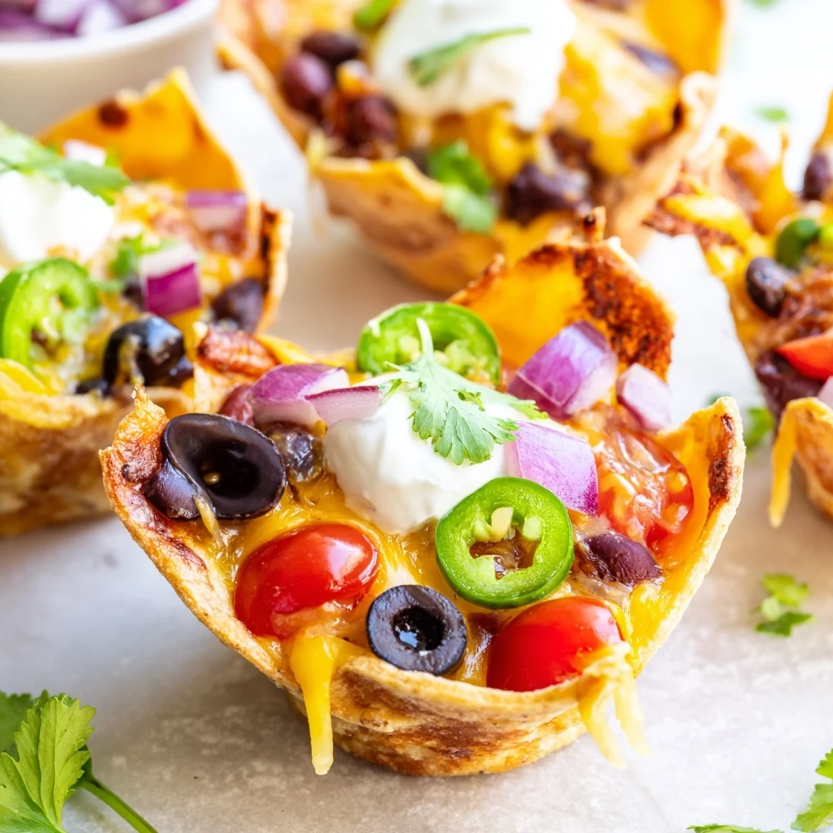Crispy tortilla cups overflowing with gooey Monterey Jack cheese black beans and jalapeño slices