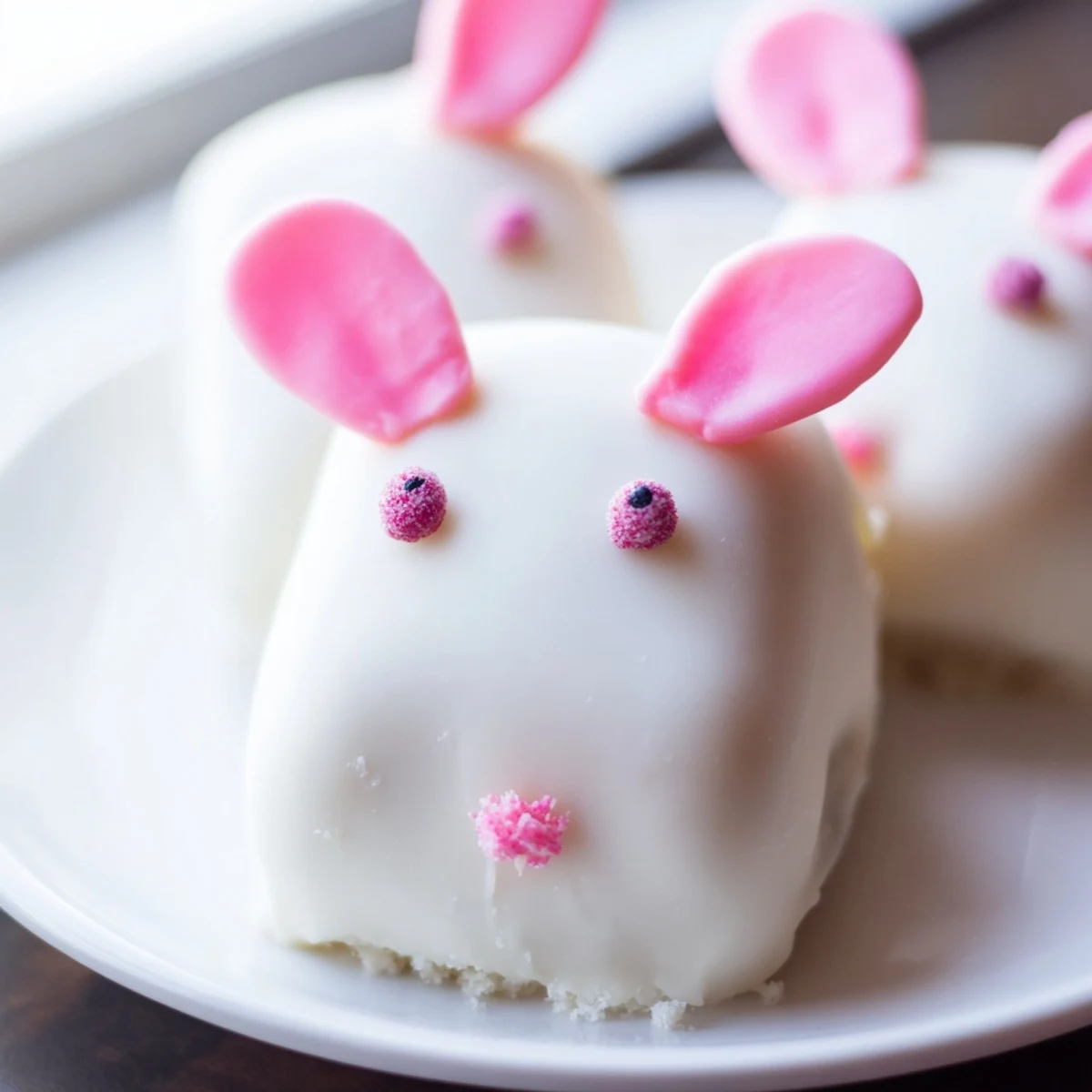 Adorable white chocolate bunny cakesicles with candy eyes and pink ears on sticks