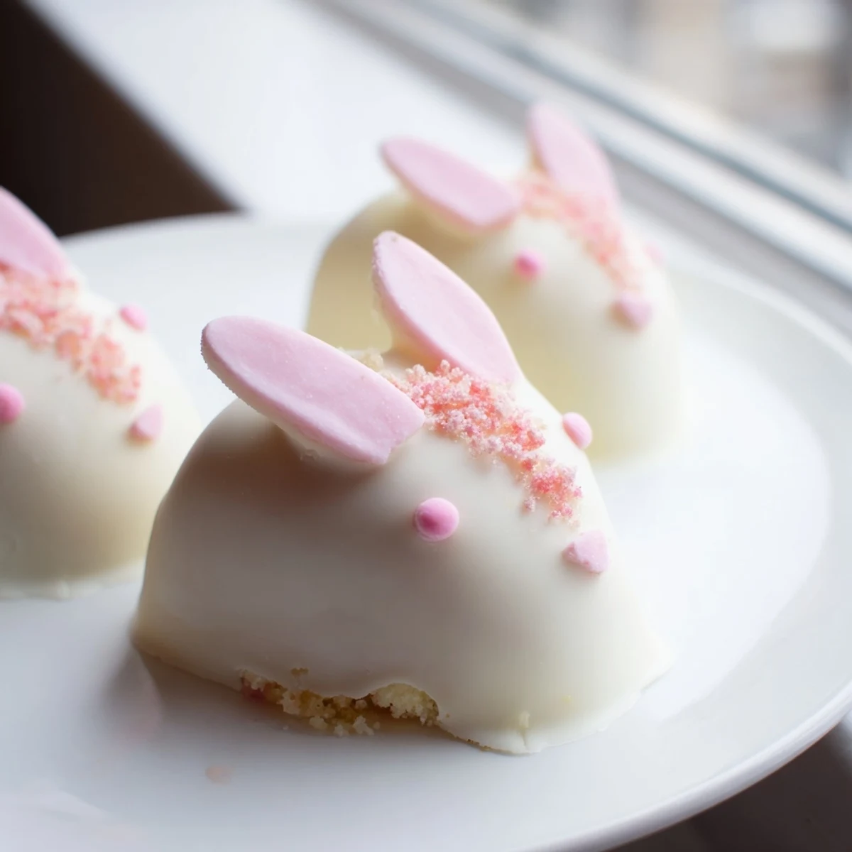 Creamy white chocolate bunny cakesicles decorated with sprinkles for festive Easter treats