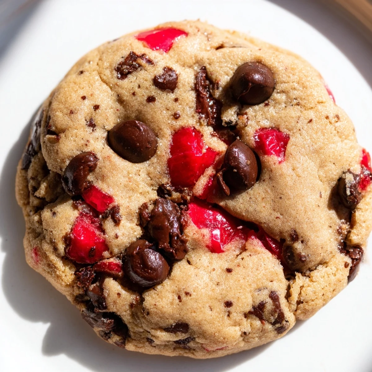 Soft maraschino cherry chocolate chip cookies with golden edges on a rustic baking sheet