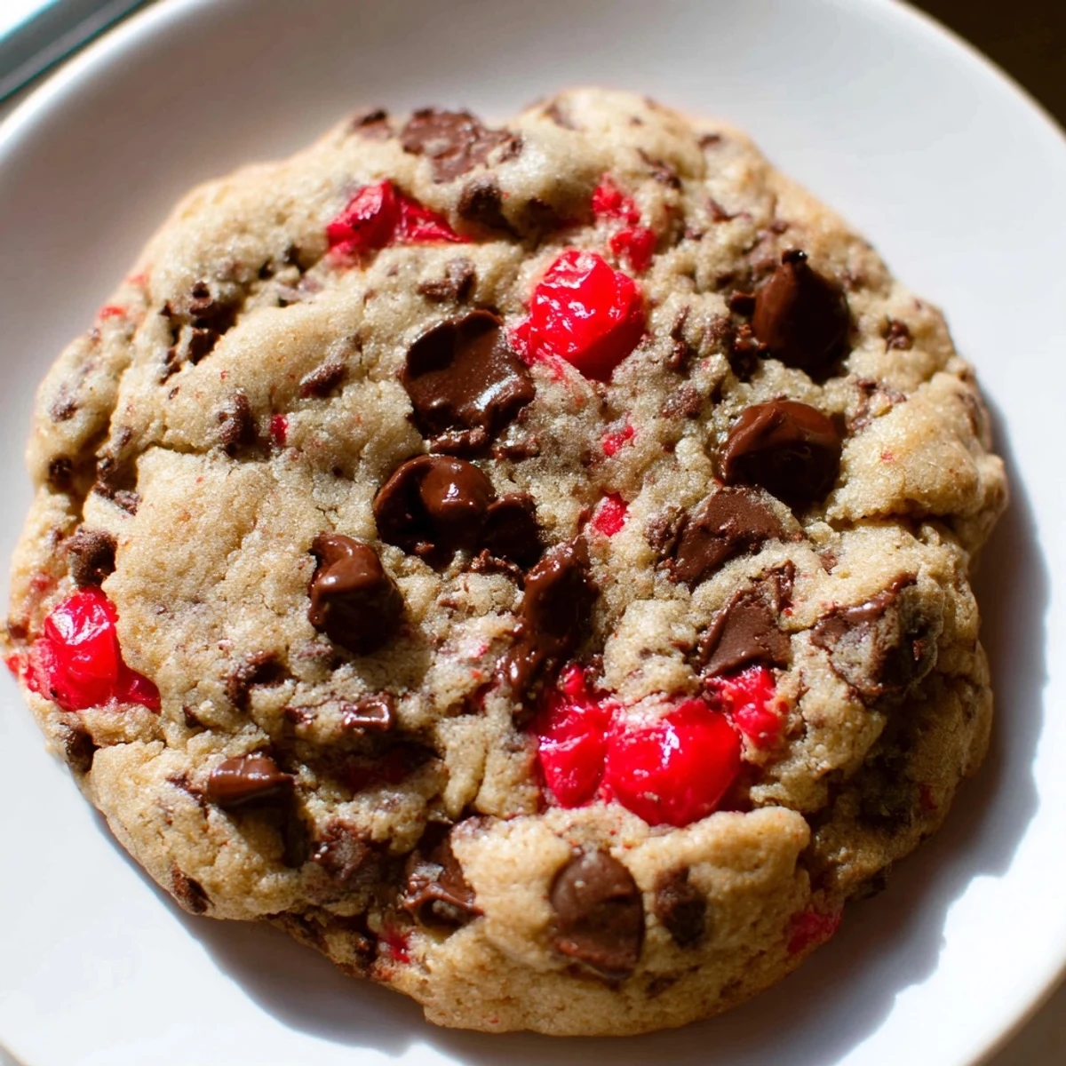 Chewy maraschino cherry chocolate chip cookies studded with bright red cherry pieces and melted chocolate