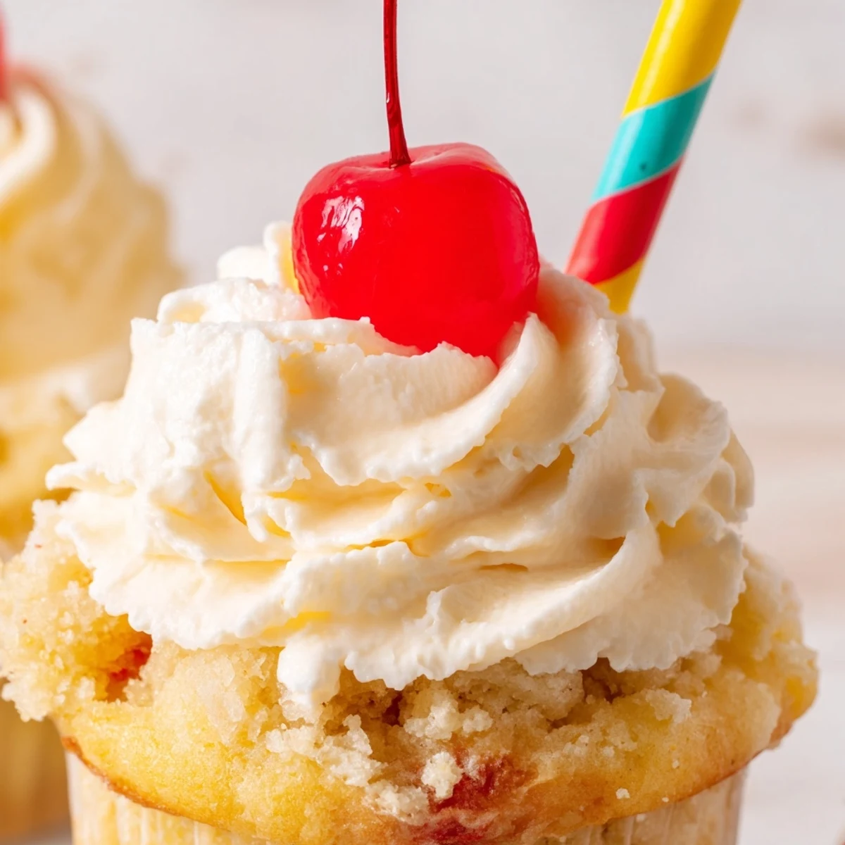 Fluffy banana milkshake cupcakes with swirled buttercream frosting on a rustic wooden serving board
