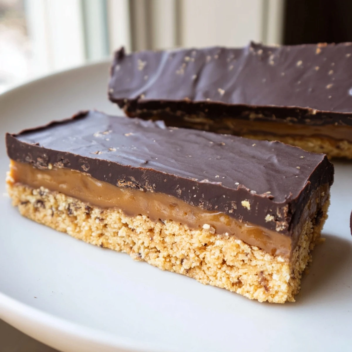 Golden Healthy Twix Bars with glossy chocolate topping and creamy caramel on wooden cutting board