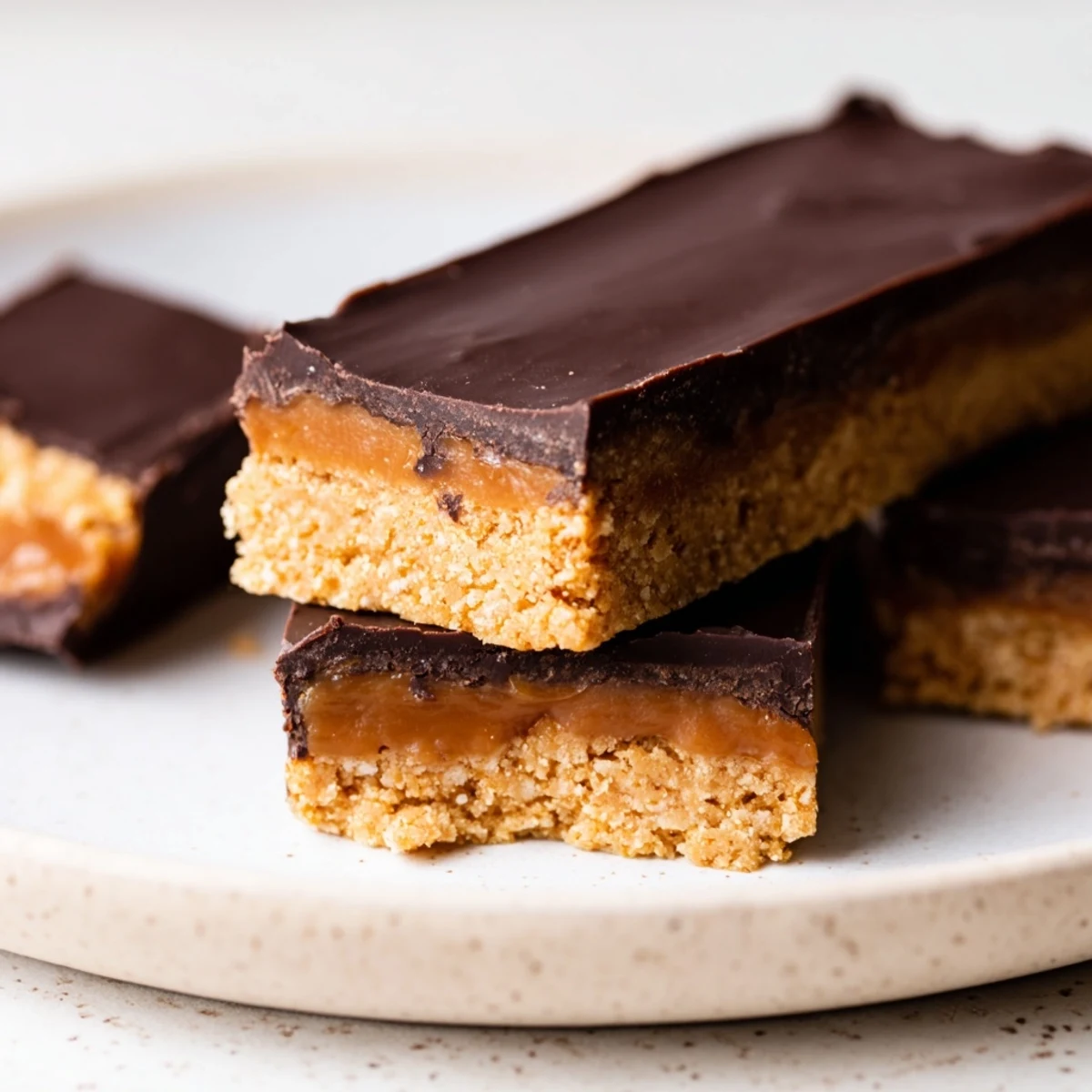 Chilled Healthy Twix Bars showing three distinct layers of nutty crust and silky date caramel