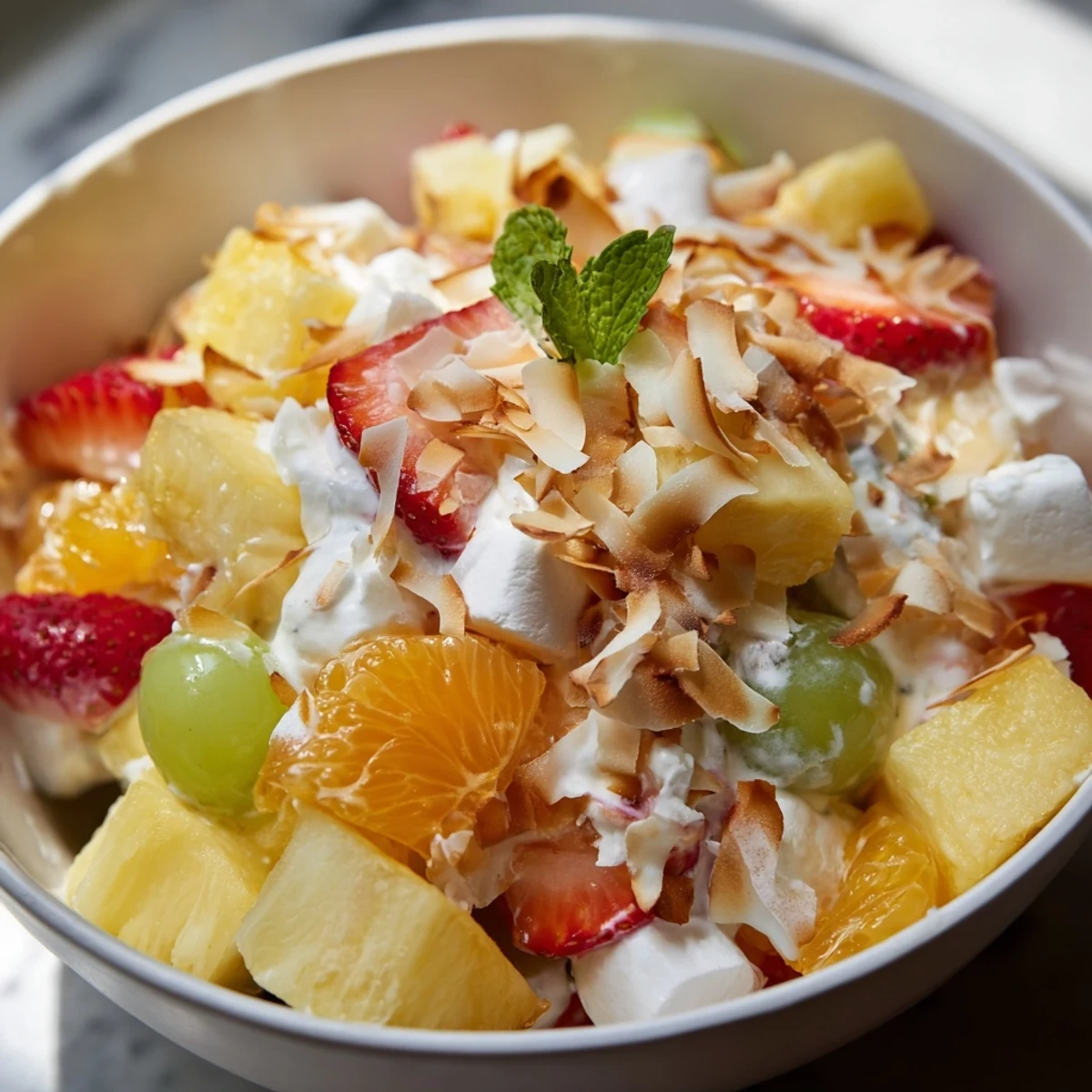 Creamy Hawaiian Cheesecake Salad served in a glass bowl with tropical fruits and toasted coconut garnish