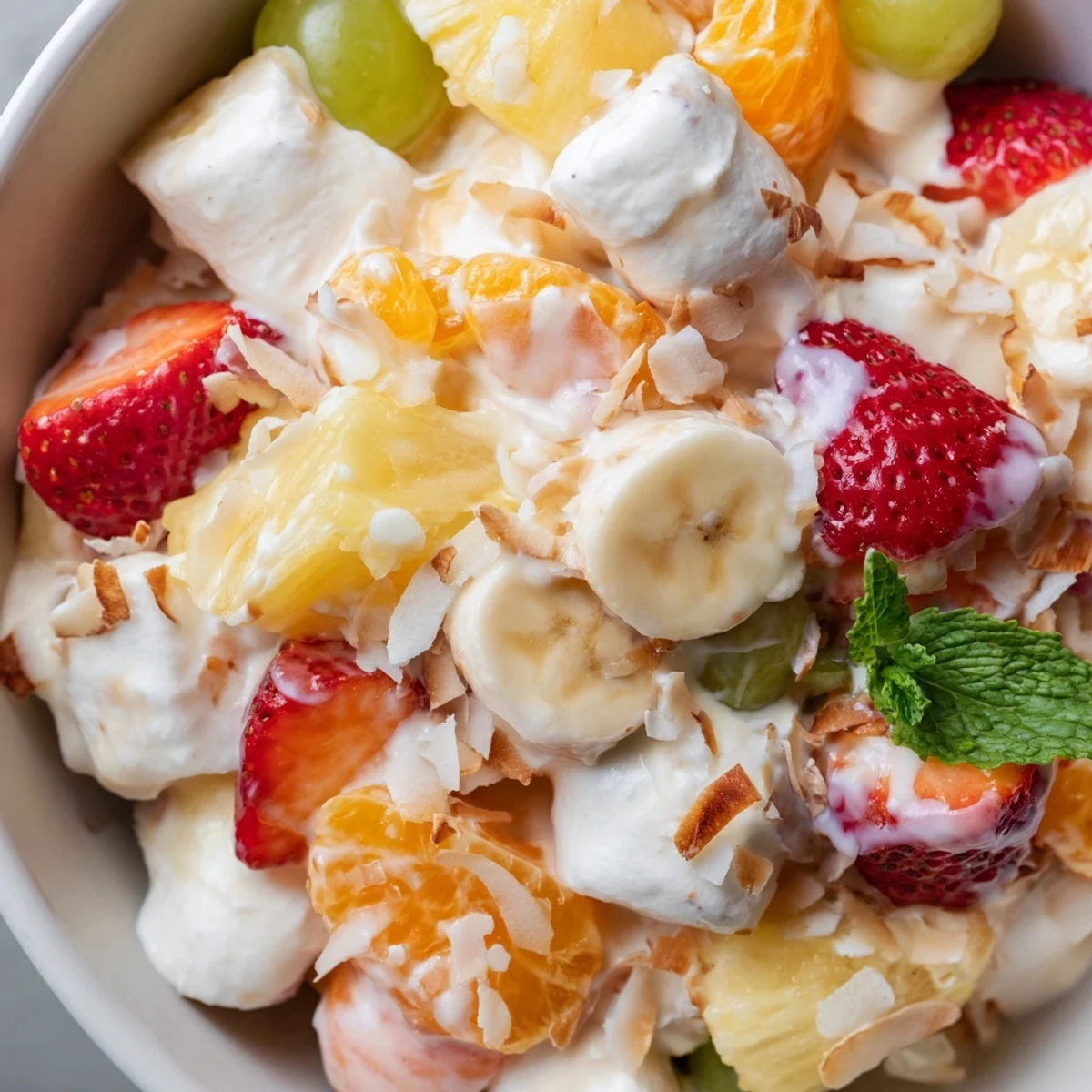 Fresh strawberries pineapple and mandarin oranges coated in fluffy Hawaiian Cheesecake Salad cream cheese mixture