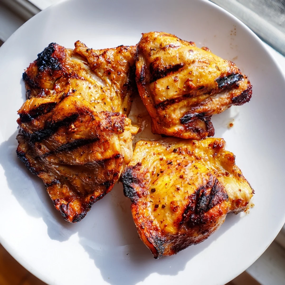 Golden chicken thighs with caramelized marinade resting on a white serving platter