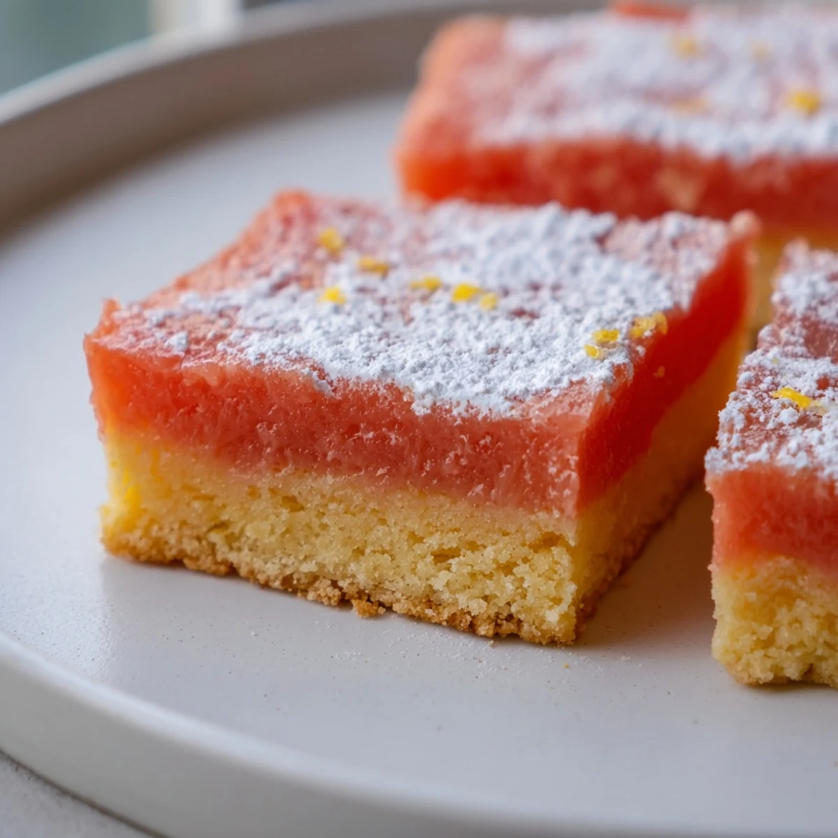 Powdered sugar dusted grapefruit bars cut into neat squares on parchment paper