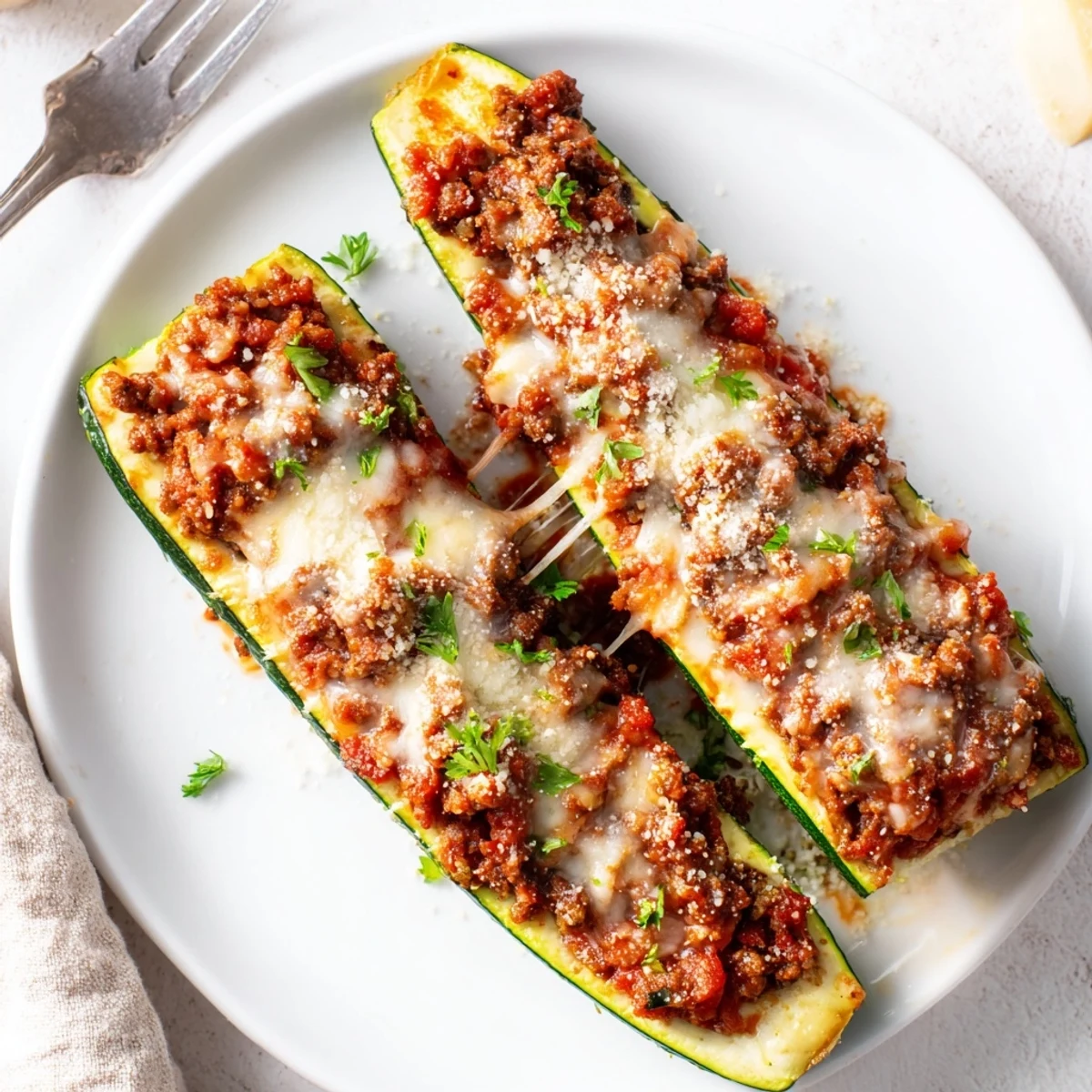 Golden baked stuffed zucchini boats with ground beef topped with bubbly melted mozzarella cheese