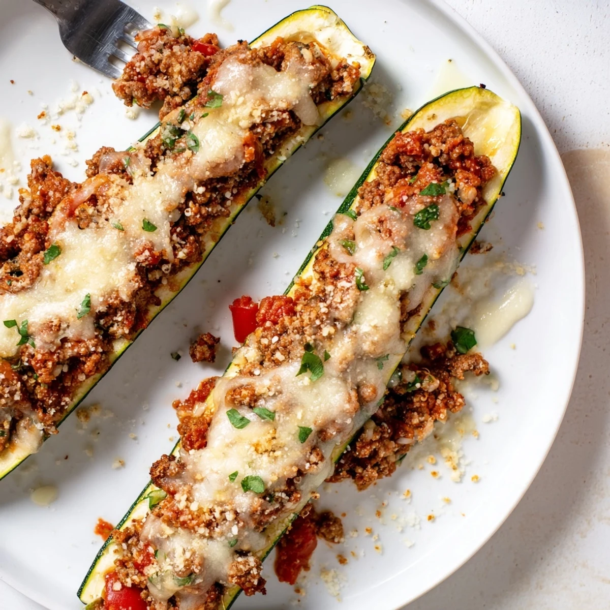 Stuffed zucchini boats with ground beef served on a rustic white ceramic plate