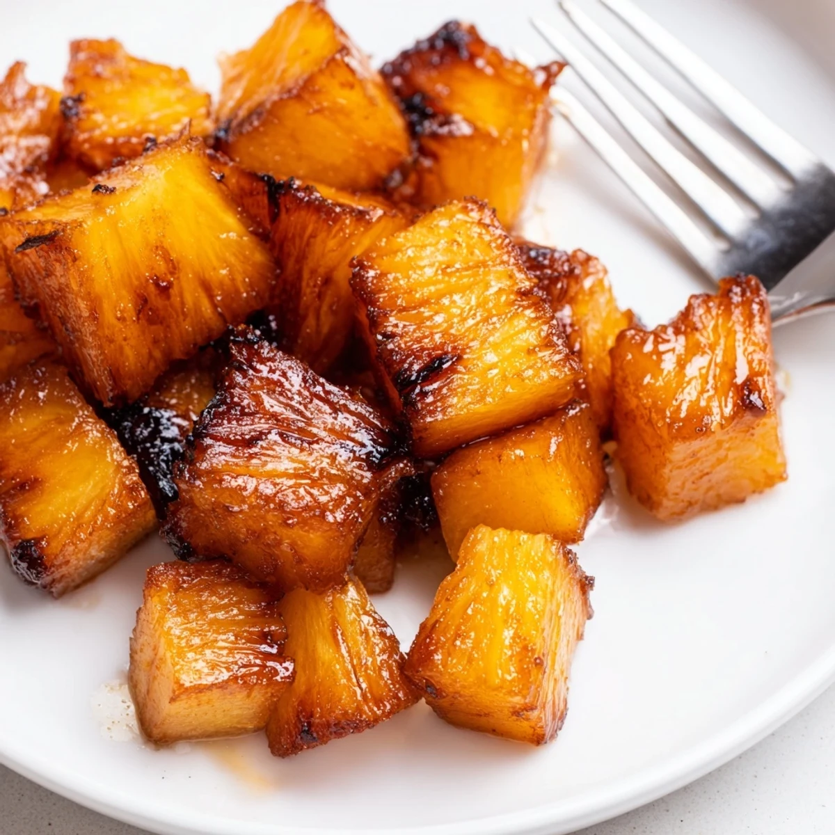Golden caramelized air fryer pineapple chunks with crisp edges on a rustic plate