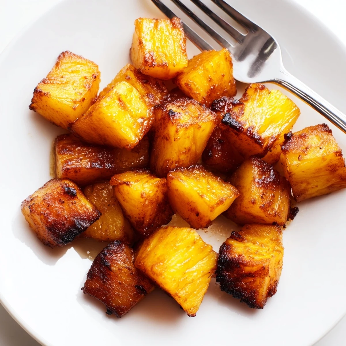 Juicy air fryer pineapple chunks glistening with brown sugar and coconut oil