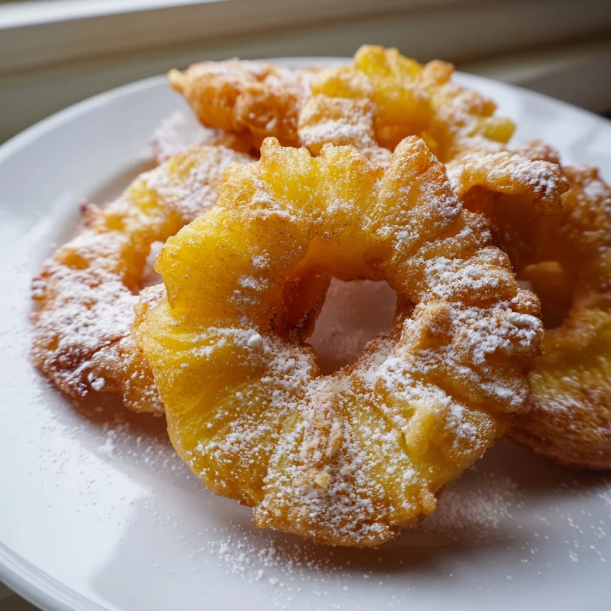 Golden fried pineapple rings dusted with powdered sugar on a rustic white plate