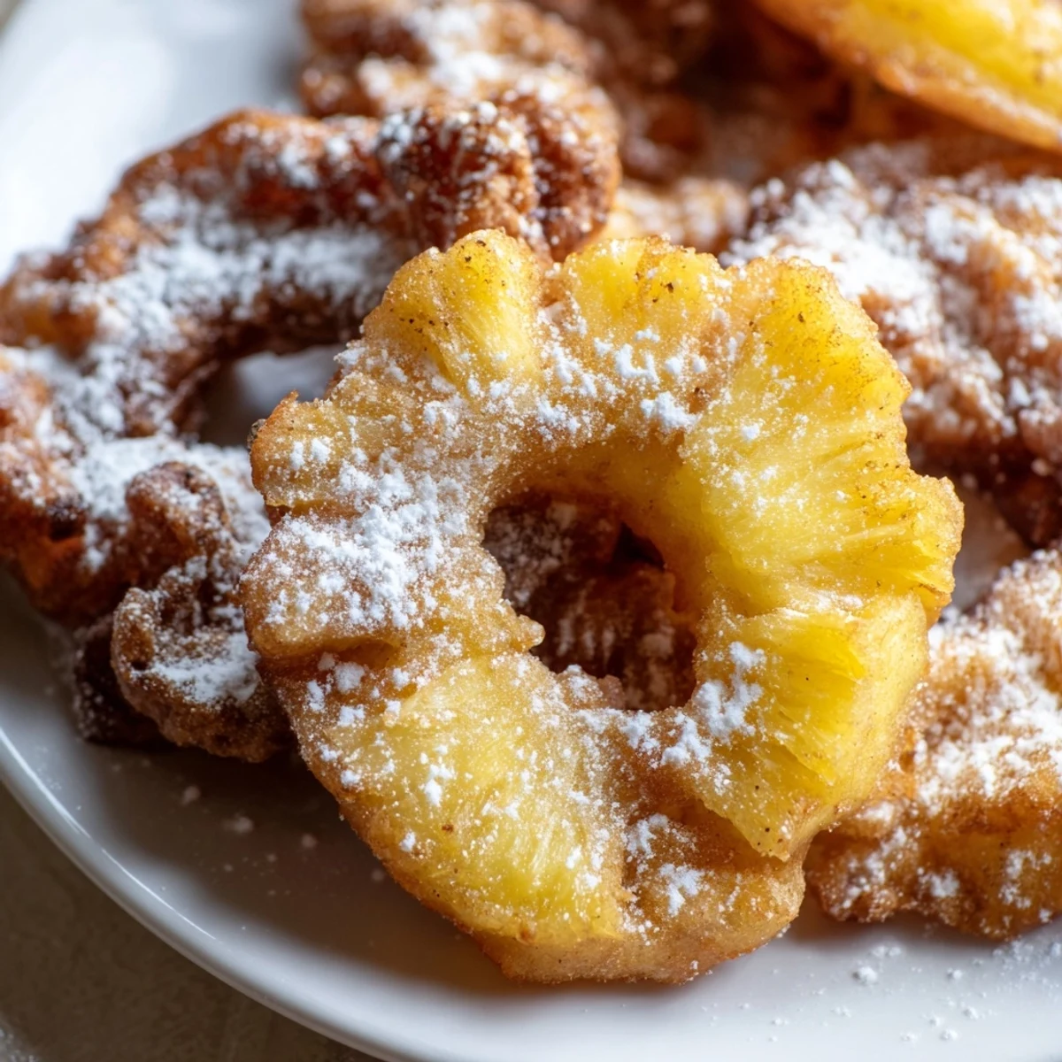 Crispy caramelized fried pineapple rings served warm with a drizzle of caramel sauce