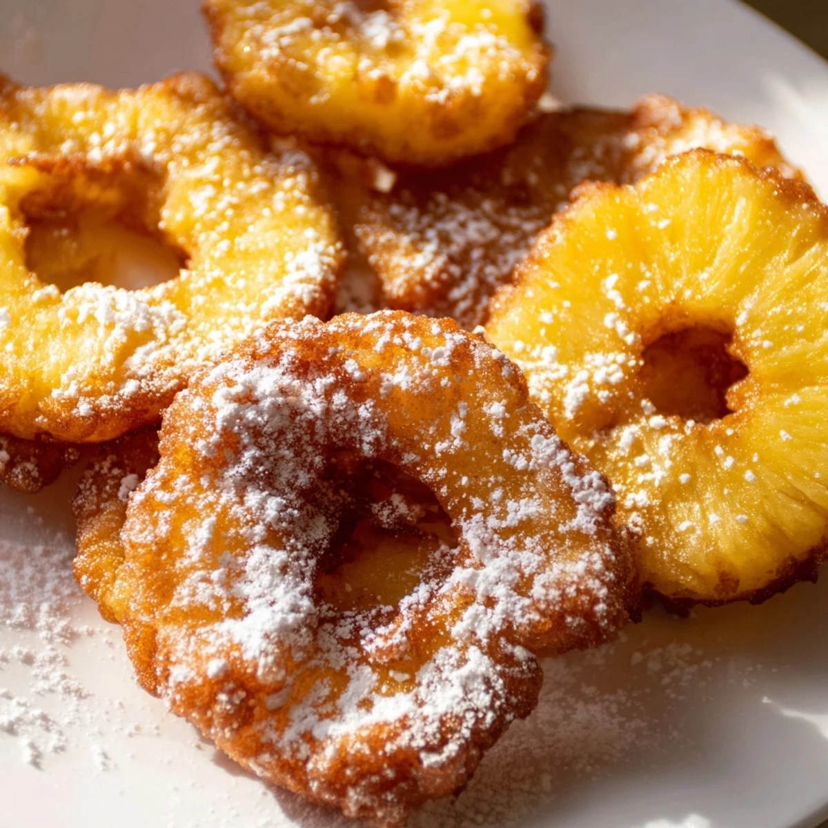 Lightly battered fried pineapple rings stacked on parchment paper beside vanilla ice cream