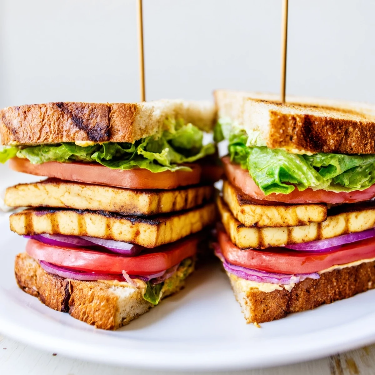 Golden smoky tofu layered with crisp lettuce and ripe tomato on toasted sourdough