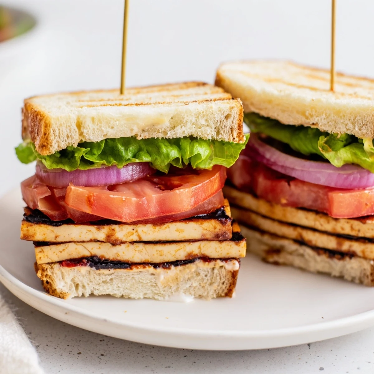 Grilled smoky tofu tucked between crunchy lettuce and tomato slices on whole grain bread