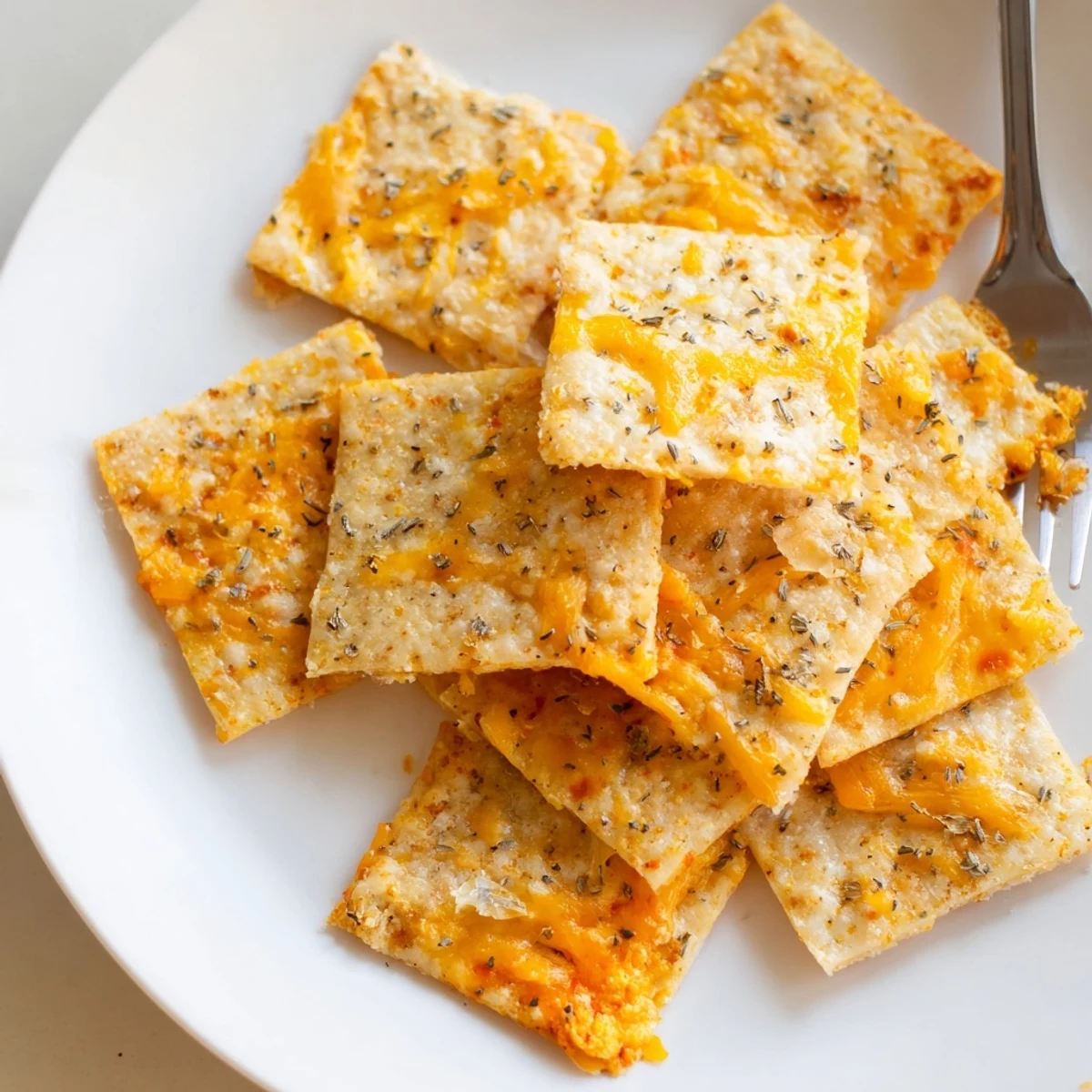 Golden taco crackers topped with melted cheddar and dried oregano on a parchment-lined baking sheet
