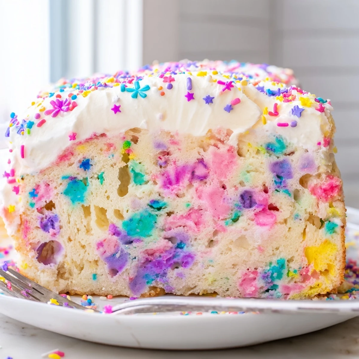 Colorful Unicorn Poke Cake with rainbow pudding swirled beneath fluffy whipped topping