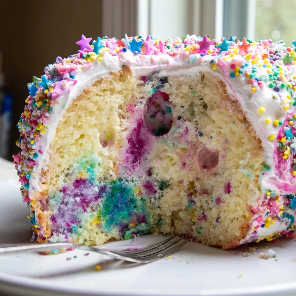 Unicorn Poke Cake slice revealing vibrant pink purple blue and yellow pudding pockets