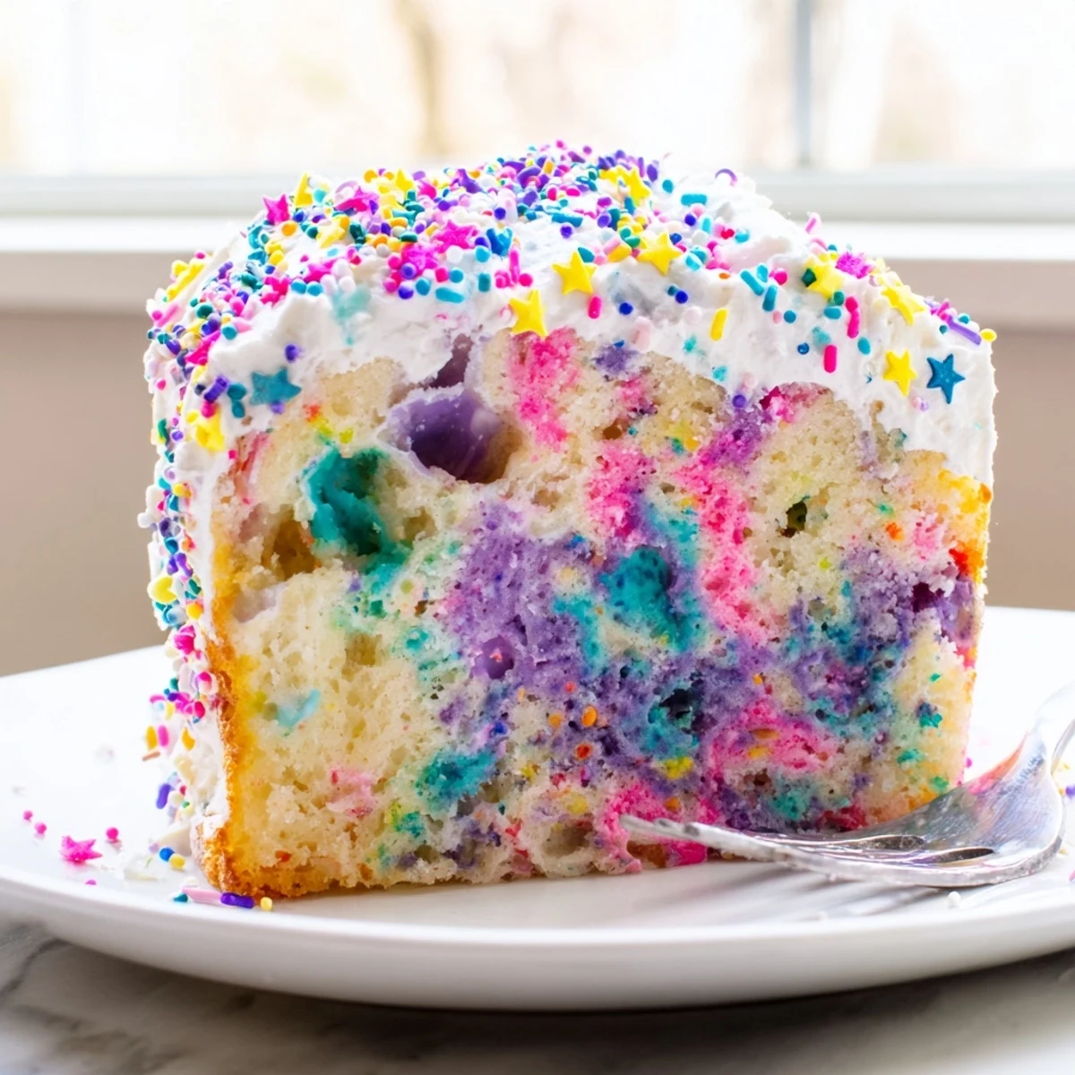 Festive Unicorn Poke Cake topped with sprinkles and creamy whipped frosting ready to serve