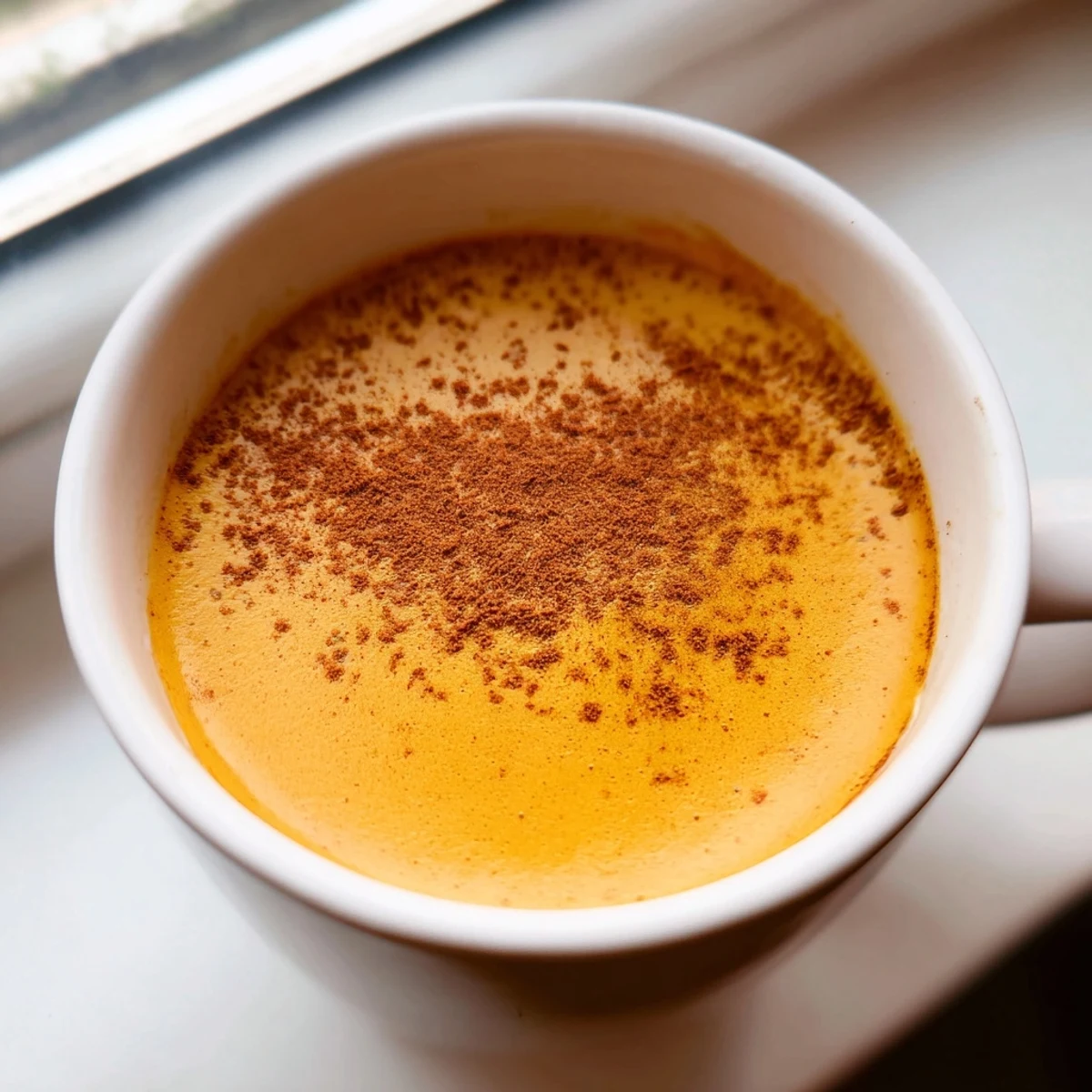 Creamy Goguma Latte in a warm mug topped with a dusting of cinnamon